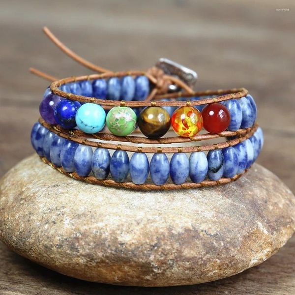 Bracelets de charme 7 Chakra Bijoux faits à la main Blue Dot Bead String Wrap Bracelet Double couche Yoga Guérison Reiki Couple Cadeau