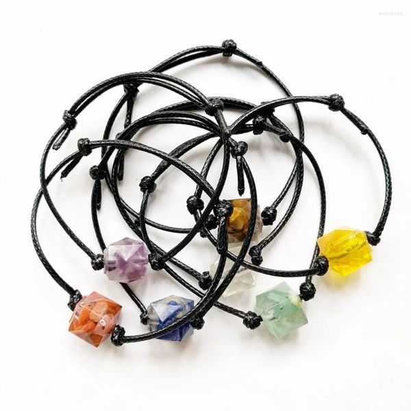 Pulseras con dijes 7 Chakra Pulsera de piedra natural Yoga Curación Chip Beads Poliédrico Cuerda de cera negra Conjunto ajustable 1 pieza