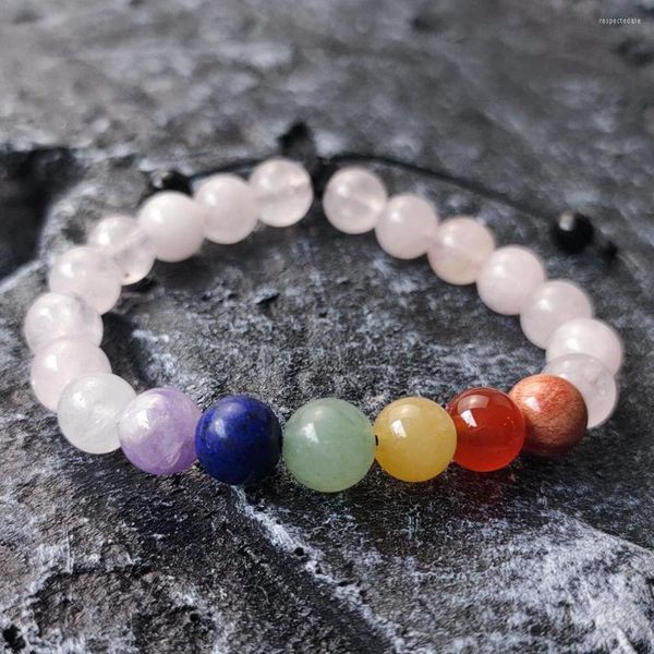 Pulseras con dijes 7 Chakra Pulsera de cristal rosa Oración tibetana Curación Cuentas de piedras preciosas naturales Mujeres Hombres Meditación Joyas ajustables