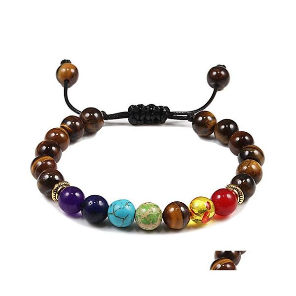 Bracelets De Charme 7 Chakra Pierre Perles Bracelet 8Mm Noir Lave Mat Oeil De Tigre Perlé De Guérison Nce Pour Femmes Hommes Yoga Bijoux Drop Deliv Dhmpz