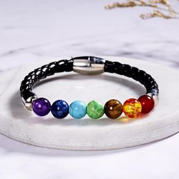 Bedelarmbanden 7 chakra steen voor vrouwen mannen boeddha zegene genezing balans kralen reiki gebed lederen touw armband sieraden cadeau