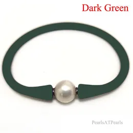 Pulseras de encanto 7 pulgadas 10-11 mm Una perla redonda natural Verde oscuro Pulsera de silicona de goma elástica para mujeres