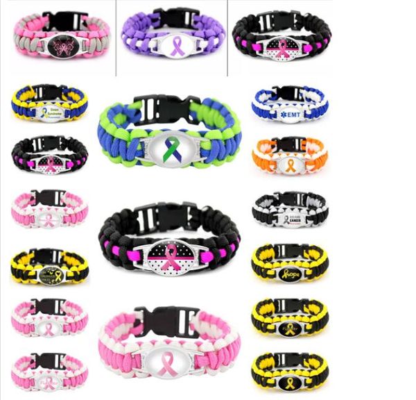 Pulseras con dijes, 7 estilos, color rosa, luchador contra el cáncer de mama, cinta de esperanza, pulseras de Paracord, azul, amarillo, negro, para acampar al aire libre