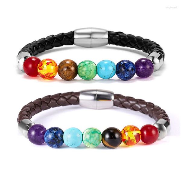 Pulseras con abalorios de 8mm y 7 piedras de Chakra para hombres y mujeres, cuentas de equilibrio curativas de Buda, pulsera de cuerda de cuero para oración Reiki, joyería