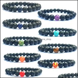 Bedelarmbanden 8 mm Agaatchakra's Zwarte lavasteenkralen Elastische armbanden Essentiële olie Diffuser armband Vulkanisch gesteente Dhseller2010 Dhwzq