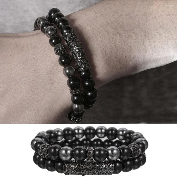 Bracelets de charme 8mm perles bracelet pour hommes noir pierre givrée micro incrusté zircon naturel ensemble bijoux élastiques