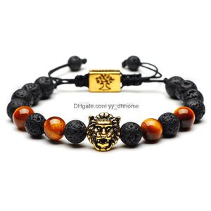 Bracelets de charme 8mm Black Lava Tiger Eye Stone Bracelets DIY Aromathérapie Huile Essentielle Diffuseur Bracelet Tête de Lion Arbre Charms Wove Dhzdc