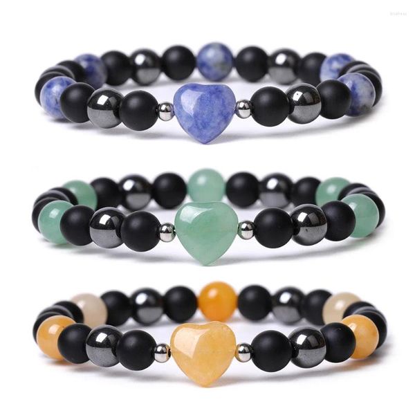 Bracelets de charme 8mm pierre noire coloré naturel rose quartz topaze oeil de tigre agate coeur bracelet à breloques bijoux extensibles pour femmes hommes