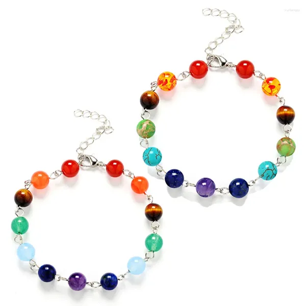 Pulseras de encanto 8 mm piedra colorida hecha a mano aguja curva pulsera de yoga amatista ojo de tigre lapislázuli chakra brazalete mujeres