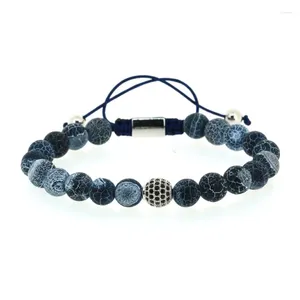 Bracelets de charme 8 mm Nary Navy Blue Crackle Perles de pierre avec une couleur argentée Round Black CZ Zircon A réglable Bracelet pour l'homme