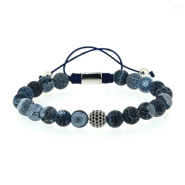 Bracelets de charme 8 mm Nary Navy Blue Crackle Perles de pierre avec une couleur argentée Round Black CZ Zircon A réglable Bracelet pour l'homme