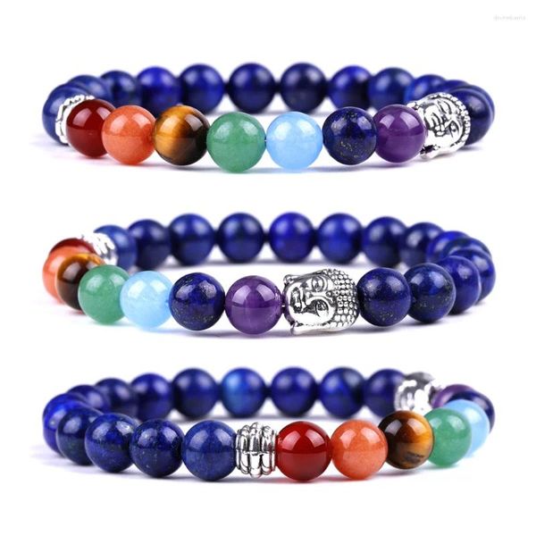 Pulseras de encanto 8 mm Lapis Lazuli Red Agate Yoga Balance Pulsera Brazalete para mujeres Hombre Amatista 7 Color Chakra Buddha Head Bead