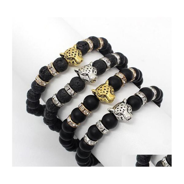 Bracelets de charme 8mm Lava Matt Stone Perles Gold Sier Tête de Léopard Huile Essentielle Par Diffuseur Bracelet Yoga Bijoux Q78Fz Drop Livraison DHT7J