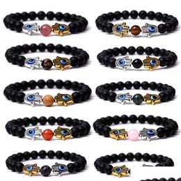 Bracelets de charme 8mm Matt Noir Pierre Turc Bleu Eye Bracelet Or Sier Fatima Palm Perlé Couple Chanceux Pour Femmes Hommes BK Drop Deliv Dhneh