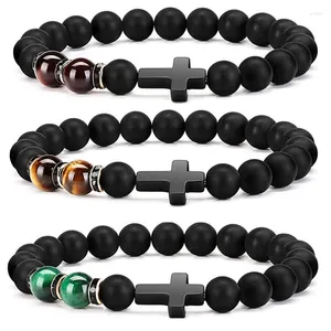 Braceletas Charm 8 mm Hombres Naturales Tigre Cross Cross Bead Pulsera Moda Black Obsidiana Fiesta de cumpleaños Gif Gif