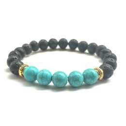 Charm Armbanden 8Mm Natuurlijke Zwarte Lava Steen Turquoise Armband Vaolcano Aromatherapie Etherische Olie Diffuser Voor Vrouwen Yoga Sieraden Dhf5G