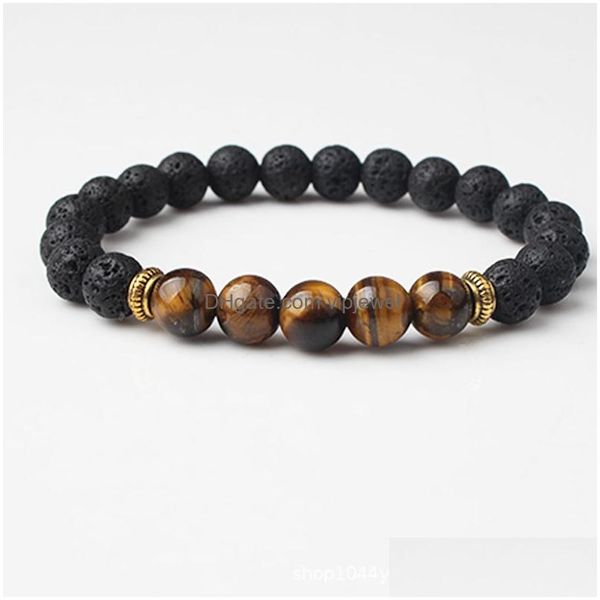 Pulseras de encanto 8 mm Natural Lava Piedra Bead Crystal Tiger Eye Pulsera DIY Volcán Difusor de aceite esencial para mujeres Hombres Joyería Drop DHR0Z