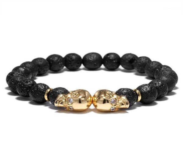 Pulseras de encanto de 8 mm Pulsera de piedra de lava natural Retro Black Beads Fashion Men Skull Braclet Diseño simple Punk Jewelry Brazalet HO3765097