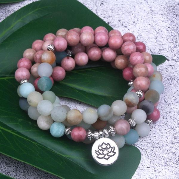 Pulseras de encanto 8 mm Rodocrosita natural con cuentas de amazonita esmerilada Pulsera de hilo Lotus OM Buddha Yoga 108 Mala Collar