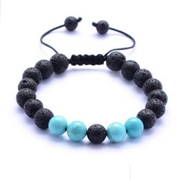 Charm Armbanden 8Mm Natuurlijke Turquoise Black Lava Stone Bead Weave Aromatherapie Etherische Olie Diffuser Armband Voor Vrouwen Mannen sieraden Dhnur