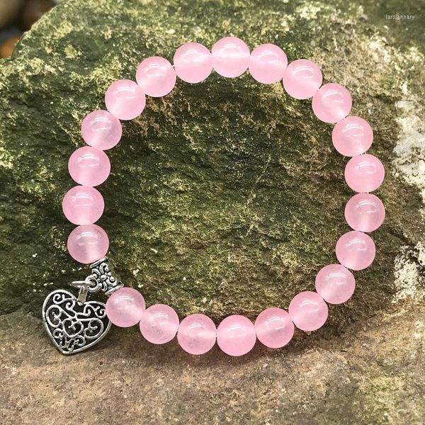 Charm Bracelets 8mm Pink Crystal Heart Bracelet Mujer Rose Quartz Beaded Peach Pendant Bangle GiftCharm BraceletsCharm Lars22