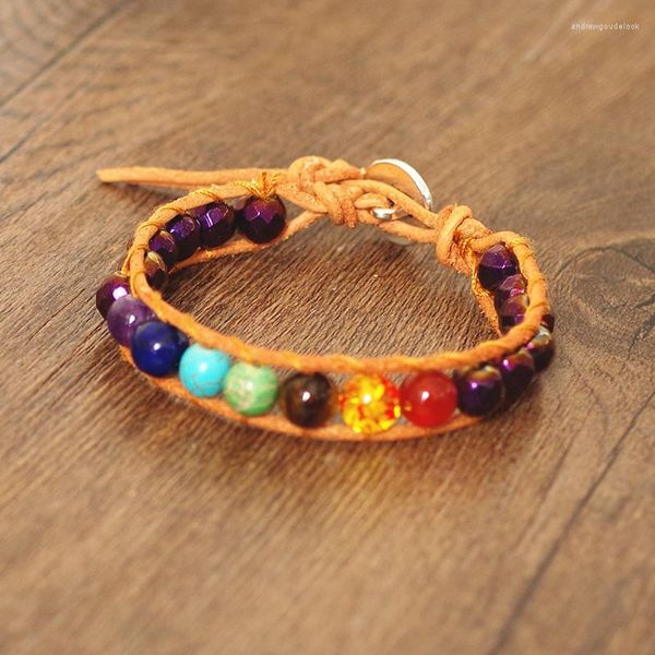 Pulseras de encanto 8 mm cuentas de hematita púrpura envoltura de cuero hecho a mano mujeres boho pulsera hebra 7 chakra mala brazalete