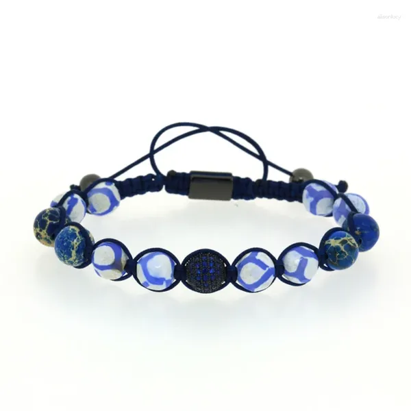 Pulseras de encanto 8 mm semiprecioso azul imperial piedra pistola color negro redondo real cz circón pulsera de macramé ajustable para hombre