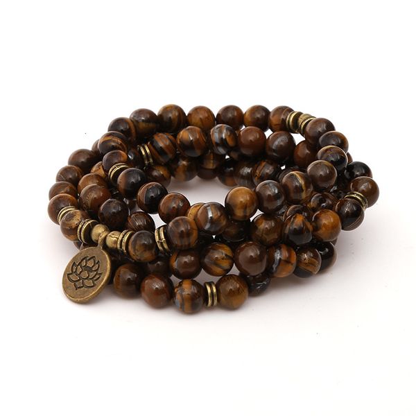 Bracelets à breloques 8mm Perles en pierre d'oeil de tigre Strand Chakra Bracelet ou collier Yoga Lotus OM Bouddha 108 Mala pour hommes femmes 230731