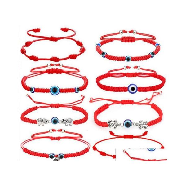 Pulseras con dijes 8 Unids / lote Pulsera de mal de ojo 7 Nudo Hecho a mano Suerte Ajustable Cuerda roja Cuerda Protección para mujeres Hombres Venta al por mayor Drop Dhyug