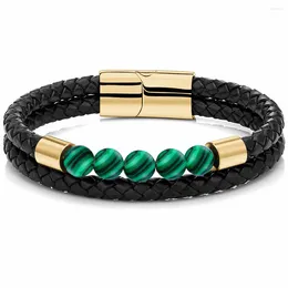 Charme pulseiras 9 estilo pulseira de couro genuíno para homens preto multicamadas esconder corda corrente malaquita pedra pulseiras amigo presente