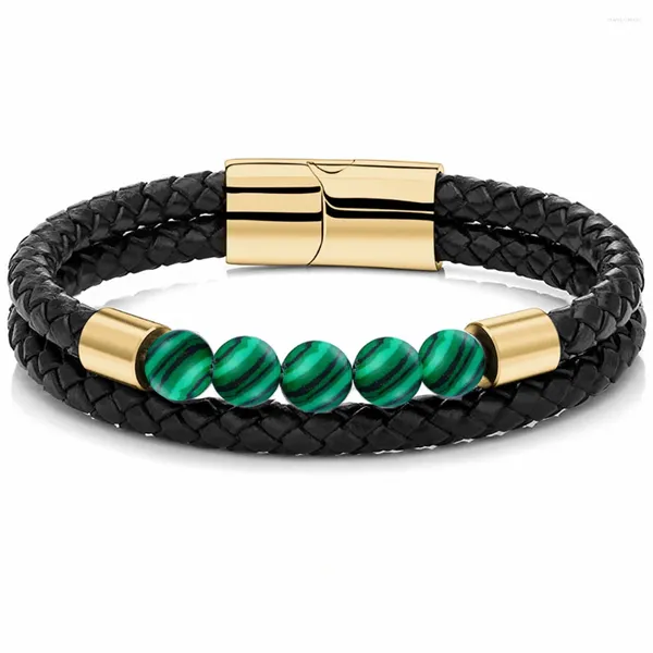 Pulseras de encanto 9 Estilo Pulsera de cuero genuino para hombres Negro Multicapa Ocultar Cadena de cuerda Malaquita Brazaletes de piedra Amigo Regalo