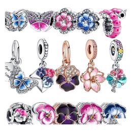 Charm Bracelets 925 Sterling Sier Colored Gemstone Pansy Flower Pendant Butterfly Glitter para Pandora Bracelet Girls Diy Jewelry Dro Dhqtb