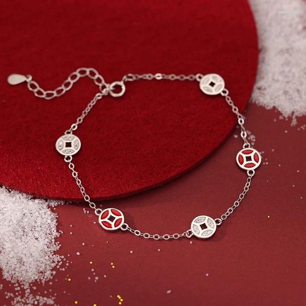 Pulseras de encanto 925 plata esterlina pulsera de dinero de cobre para las mujeres año transferencia fortuna china buena suerte joyería de mano de moda