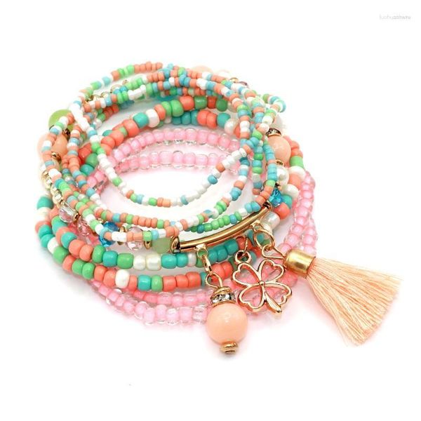 Bracelets de charme 9 pièces/ensemble marque multicouche perles de rocaille gland trèfle bracelets brin extensible amitié Pack pour les femmes