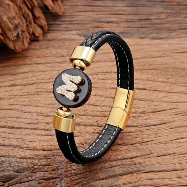 Bracelets de charme A-Z Nom Initial Lettre Zircon Bracelet Rond Pierre Naturelle Tissé En Cuir Couple Bracelets Homme Femmes Bijoux