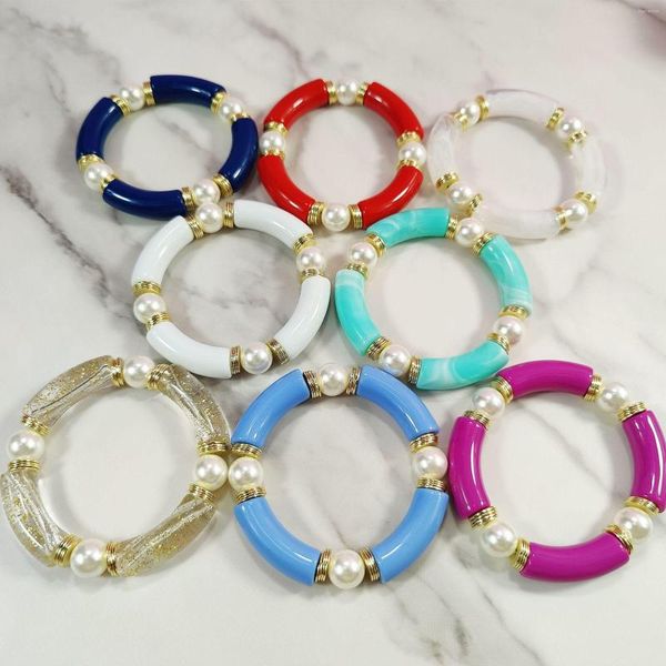 Pulseras de encanto acrílico curvado perla femme color oro oblea con cuentas cadena estiramiento brazaletes joyería de las mujeres 2023