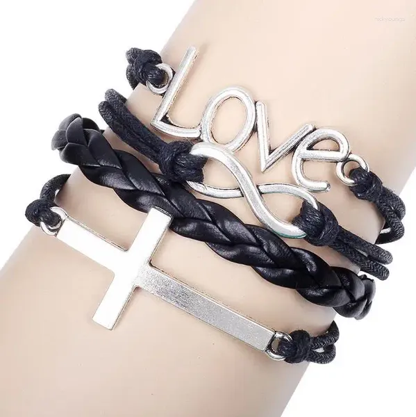 Pulseras con dijes, ajustable, moda, Cruz, infinito, encantos, cuero trenzado, cordones de cera, brazalete envolvente, pulseras hechas a mano, joyería