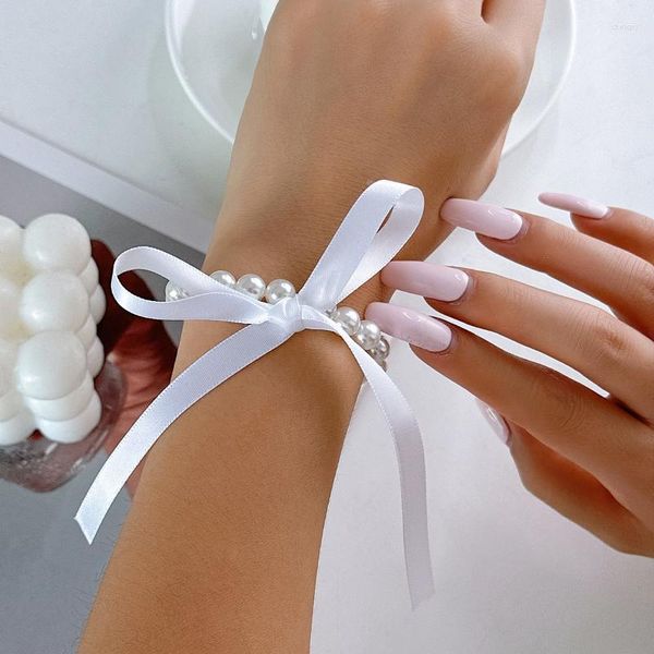 Bracelets porte-bonheur Réglable Ruban Imitation Perle Bracelet Vinatge Mariages Fête D'anniversaire Cadeau Y2k Style Pour Femmes Handmde Pulseras