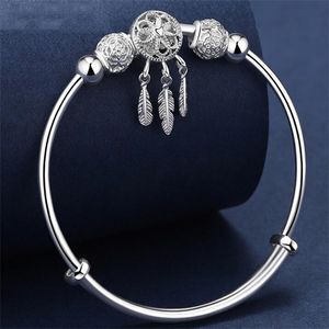 Bedelarmbanden verstelbare maat 925 zilveren kleur bangle manchet dreamcatcher tassel veer ronde kraal bedel armband sieraden voor vrouwen bruiloft gc1854