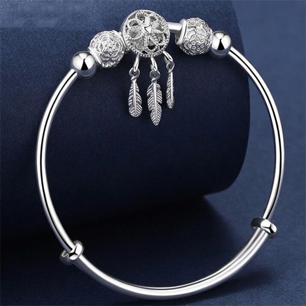 Bracelets de charme Taille réglable 925 couleur argent bracelet manchette capteur de rêves gland plume ronde perle bracelet à breloques bijoux pour femmes mariage GC1854