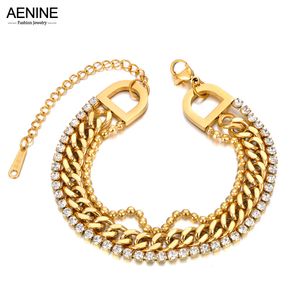 Bracelets porte-bonheur AENINE trois couches zircon cubique chaîne en acier inoxydable pour femmes bijoux plaqué or pas de fondu allergique AB23082 230821