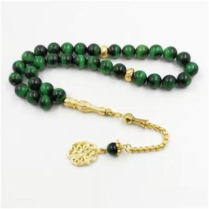 Bracelets de charme Albashan Tasbih Naturel Vert Oeil De Tigre Pierre Glod Métal Gland Musulman Accessoires De Mode S Arabia Bracelet Turc Dh40K