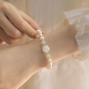 Bedelarmbanden allme schattig 14k goud vergulde messing groene natuursteen witte schaal rozenbloem zoetwater parel kralen vrouwen