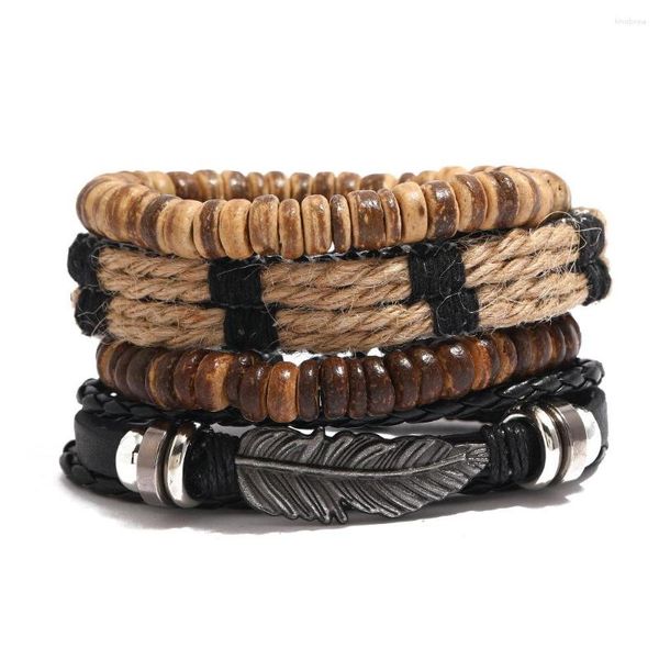 Pulseras de encanto Joyería de aleación Pluma con cuentas Pull Pulsera de cuero Conjunto DIY Estilo étnico Hombres y mujeres