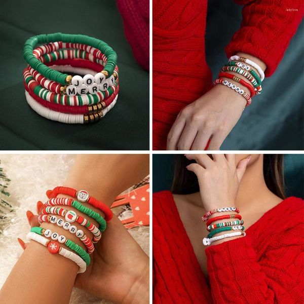 Bracelets de charme Allyes coloré polymère argile bracelet perlé pour les femmes de Noël à la main tressé lettre élastique corde ensemble bijoux de fête