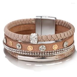 Bedelarmbanden blijken kristallen ketting leer voor vrouwen retro metalen pijp multilayer brede wrapbangles femme sieraden