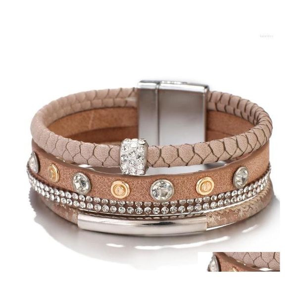 Bracelets porte-bonheur alliés cristal chaîne en cuir pour femmes rétro métal tuyau Mtilayer large Wrap bracelets Femme bijoux livraison directe Dhix2