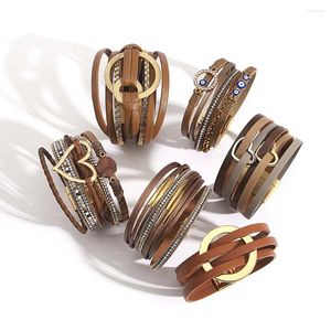 Bedelarmbanden ALLYES Boze Oog Hart Cirkel Armband voor Vrouwen Boheemse Meerlaagse Geometrische Kristallen Ketting Wrap Lederen Sieraden