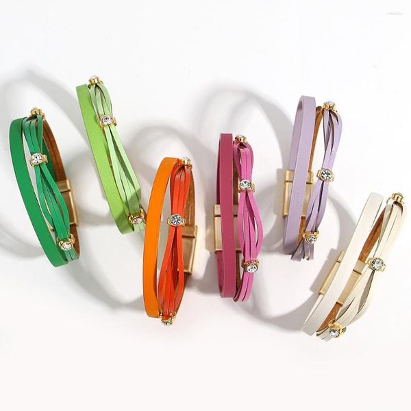 Pulseras con dijes ALLYES, pulsera de cuero delgada trenzada hecha a mano a la moda para mujer, joyería de fiesta con diamantes de imitación con incrustaciones de Color caramelo