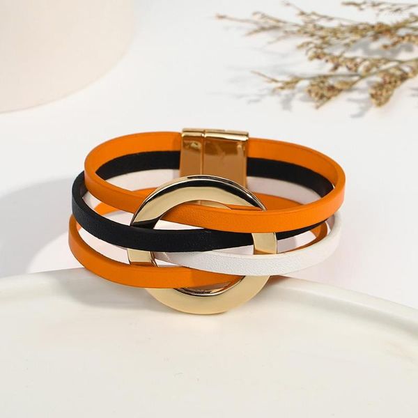 Bracelets de charme Allyes Mode Creux Cercle Wrap Bracelet En Cuir Pour Femmes Gothique Multicouche Orange Noir Halloween Party Bijoux